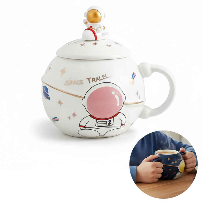 Se7en Astronaut Design Ceramic Coffee Mug with Lid & Spoon Assorted Colour