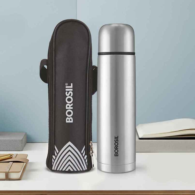 Borosil Thermo BIS Approved Stainless Steel Bottle with Bag | Black | 750 ml