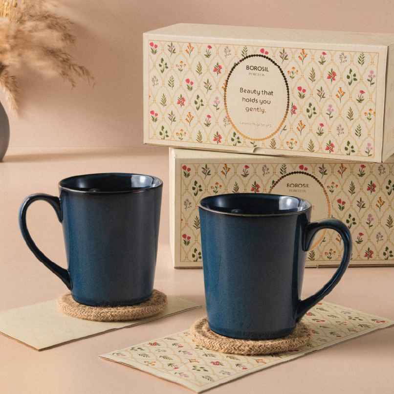 Borosil Porcelia Haven Denim Tea Coffee Porcelain Mug Set Microwave Dishwasher Safe