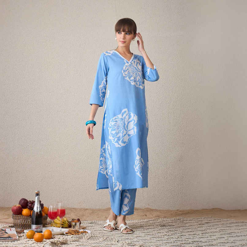 Indo Era Women's Pure Cotton Floral Printed Kurta & Pant Set | Blue - S Indo Era Women's Pure Cotton Floral Printed Kurta & Pant Set | Blue - S