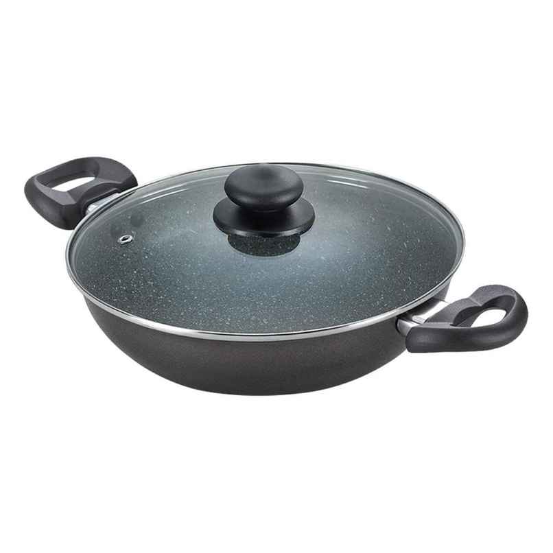 Prestige Omega Deluxe Aluminium Non-Stick Granite Cookware Kadai With Glass Lid,24Cm/2.4L,Black