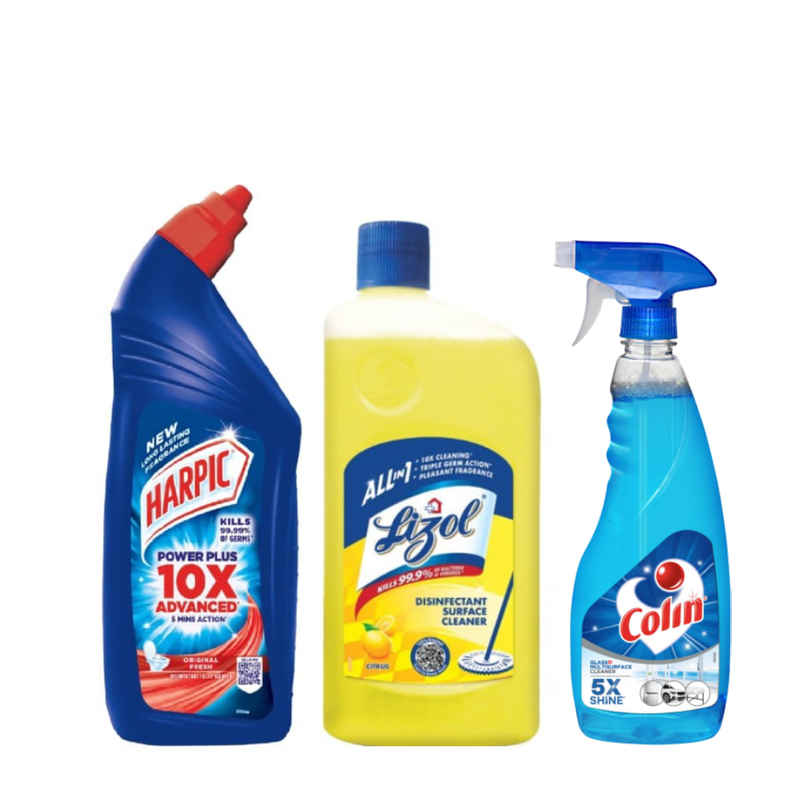 Lizol Disinfectant Surface & Floor Cleaner Liquid Citrus(1l), Harpic Disinfectant Toilet Cleaner Liquid Original(1l) & Colin Glass and Surface Cleaner Liquid Spray Regular(500ml) Combo Lizol Disinfectant Surface & Floor Cleaner Liquid Citrus(1l), Harpic Disinfectant Toilet Cleaner Liquid Original(1l) & Colin Glass and Surface Cleaner Liquid Spray Regular(500ml) Combo