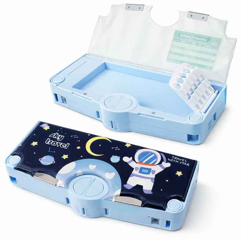 Toyshine Button Enabled Double Compartment Pencil Box-Storages and Sharpner For Kids - Space Blue