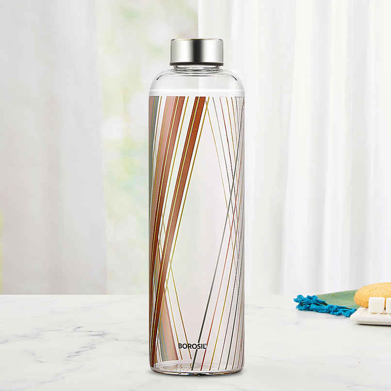 Borosil Prism Narrow Mouth Bottle with Metal Lid Borosilicate Glass Dishwasher Safe