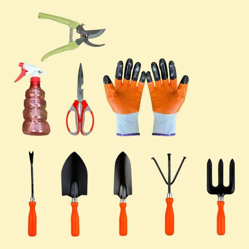 Cinagro Garden Tools- 9 Pcs, Weeder, 2 Trowels, Hand Fork, Cultivator, Scissor, Pruner,Glove, Spray