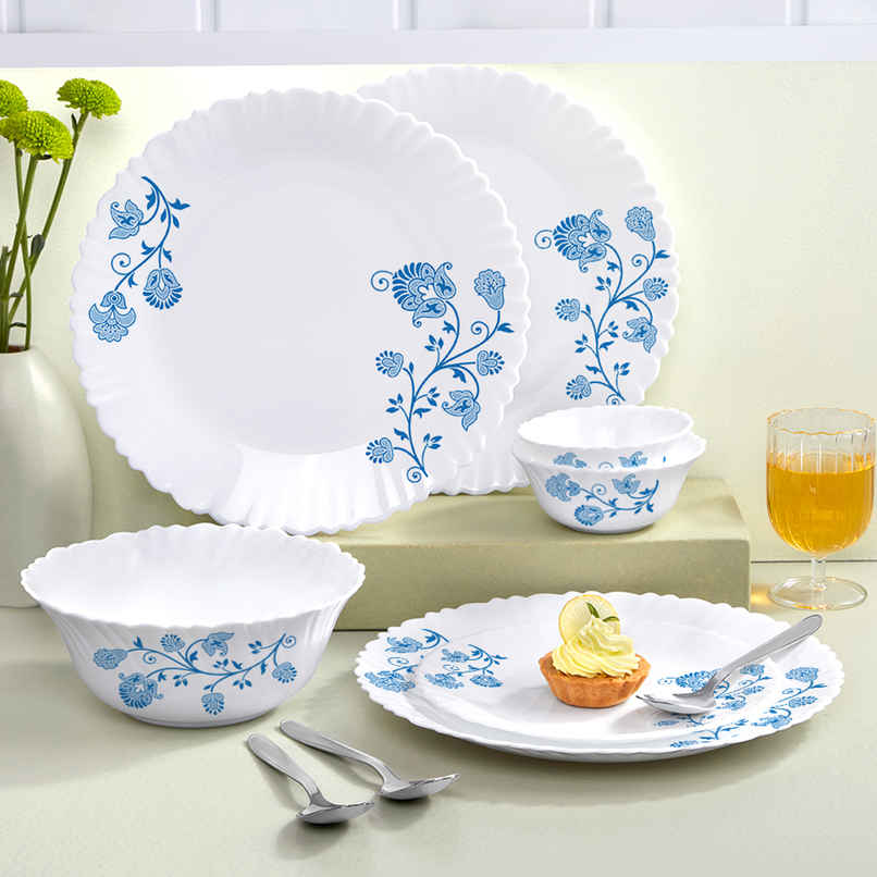 Larah by Borosil Azure Dinner Set | Opalware Crockery for Dining & Gifting | White
