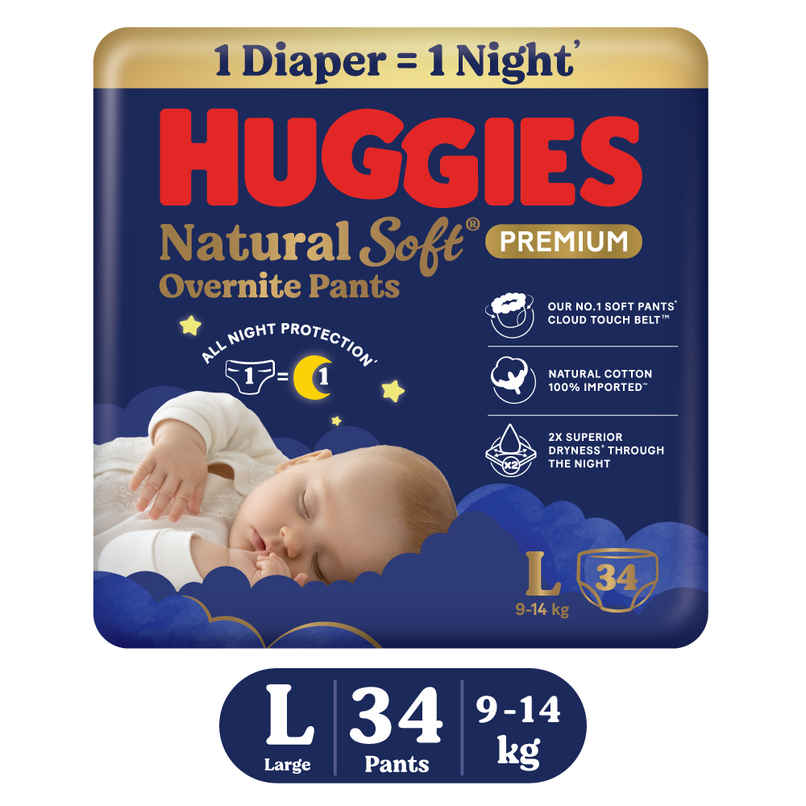 Huggies Natural Soft Overnite Premium Baby Diapers | L | Keeps baby dry all night with cloud softness
