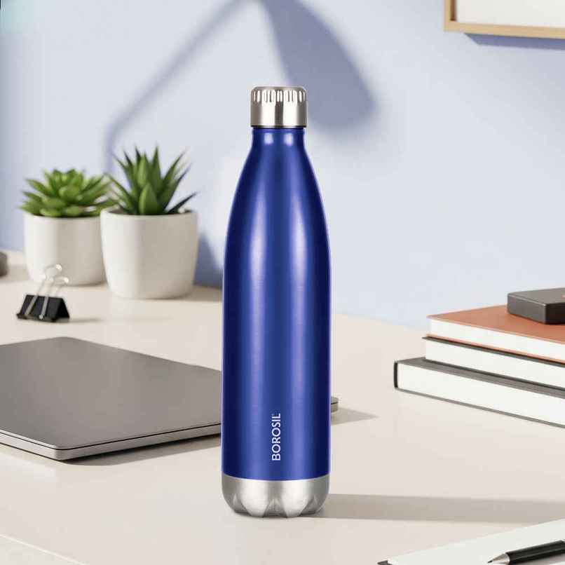 Borosil Bolt Double Wall Vacuum Insulated Stainless Steel Water Bottle | Trans Blue | 500 ml