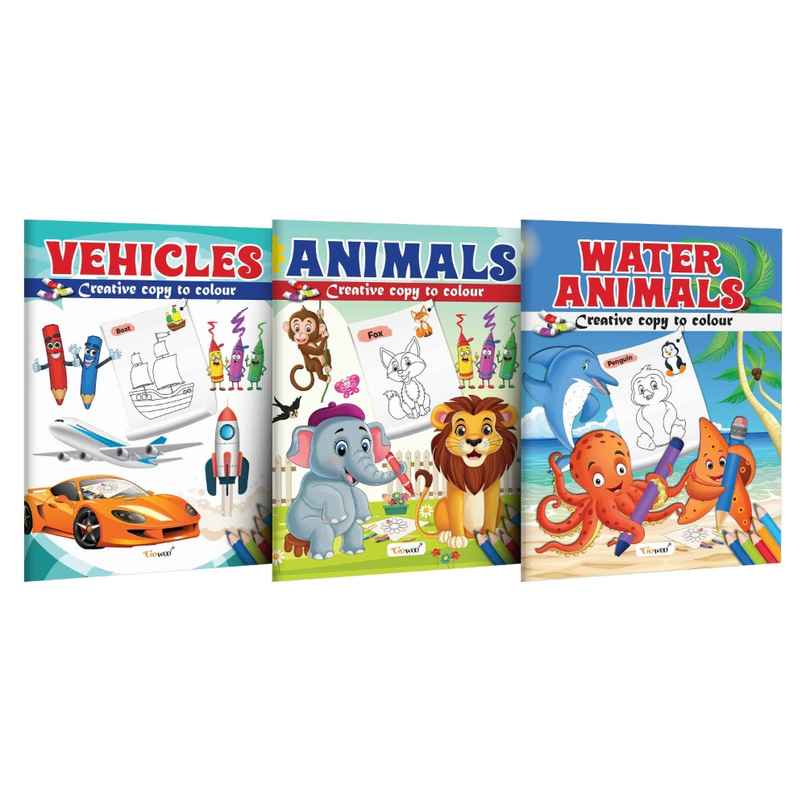 Vehicle | Animals & Water Animals -creative Copy to Colour Book -color Books for Children-Pack of 3