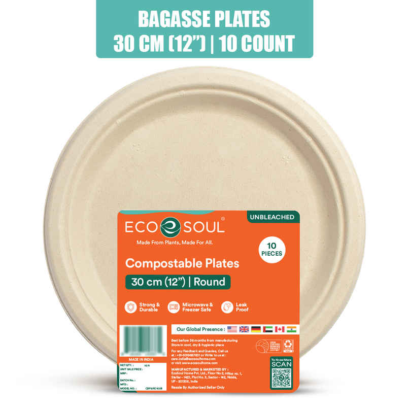 ECO SOUL | Bagasse Disposable Plates | 12 Inch | Round | 10 Count ECO SOUL | Bagasse Disposable Plates | 12 Inch | Round | 10 Count