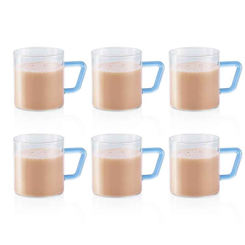 Borosil Vision Classic Mug Set With Blue Handle (190 ml) | Borosillicate Glass | Microwave Safe