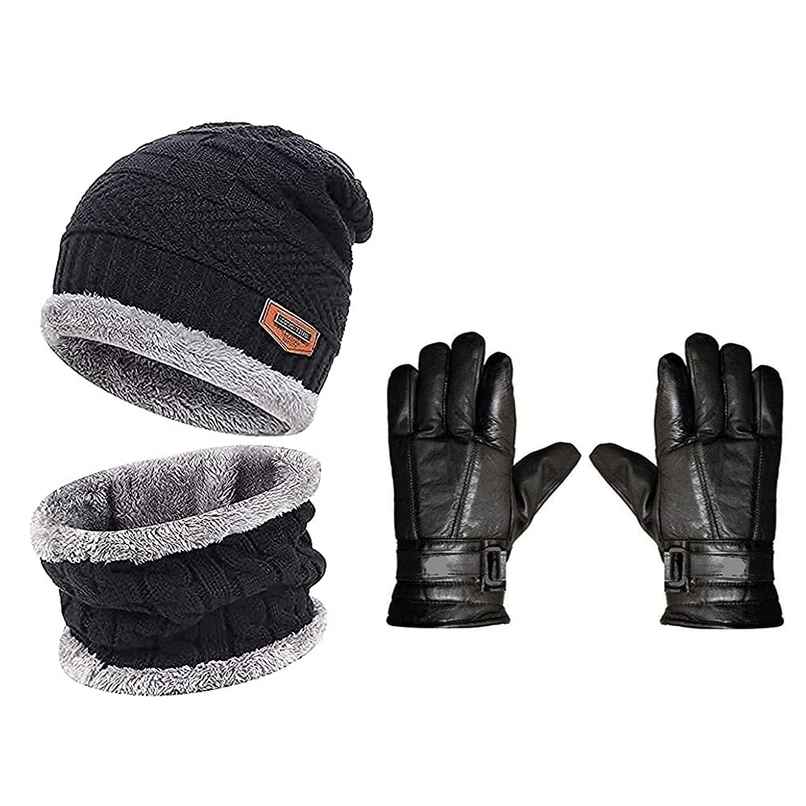 Infispace Unisex Winter Woolen Earmuff Beanie Knitted Cap Neck Set With Leather Gloves | Black Infispace Unisex Winter Woolen Earmuff Beanie Knitted Cap Neck Set With Leather Gloves | Black