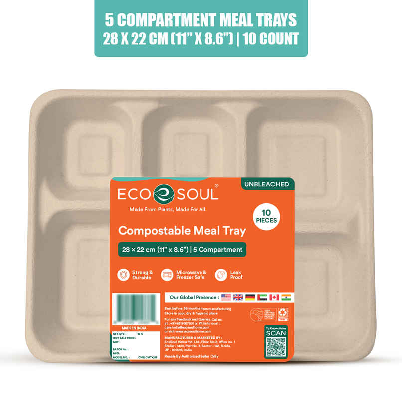 ECO SOUL | Bagasse Disposable Meal Tray/Plates | Square | 5CP | 10 Count