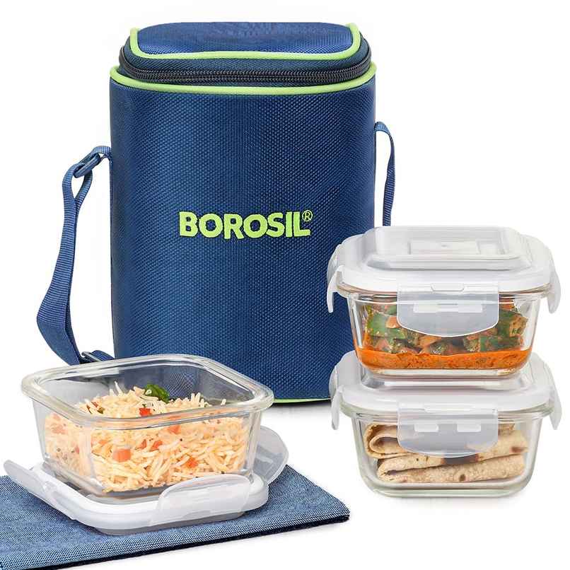 Borosil Klip n Store Lunchbox, 3pc Square Container (320ml Each), Unisex Borosilicate Glass Tiffin