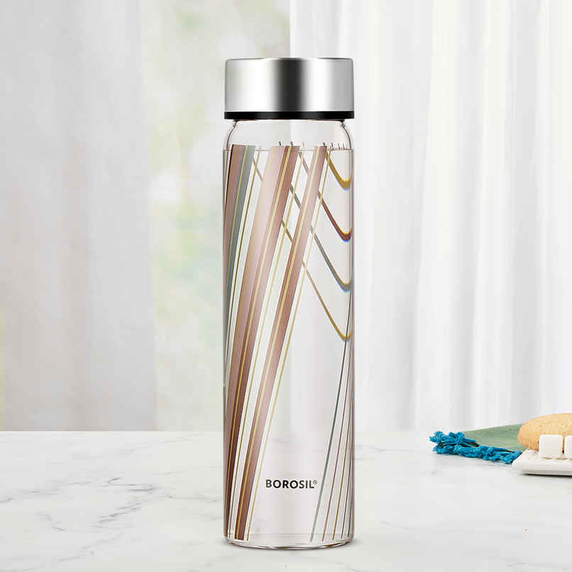 Borosil Prism Wide Mouth Bottle with Metal Lid Borosilicate Glass Dishwasher Safe