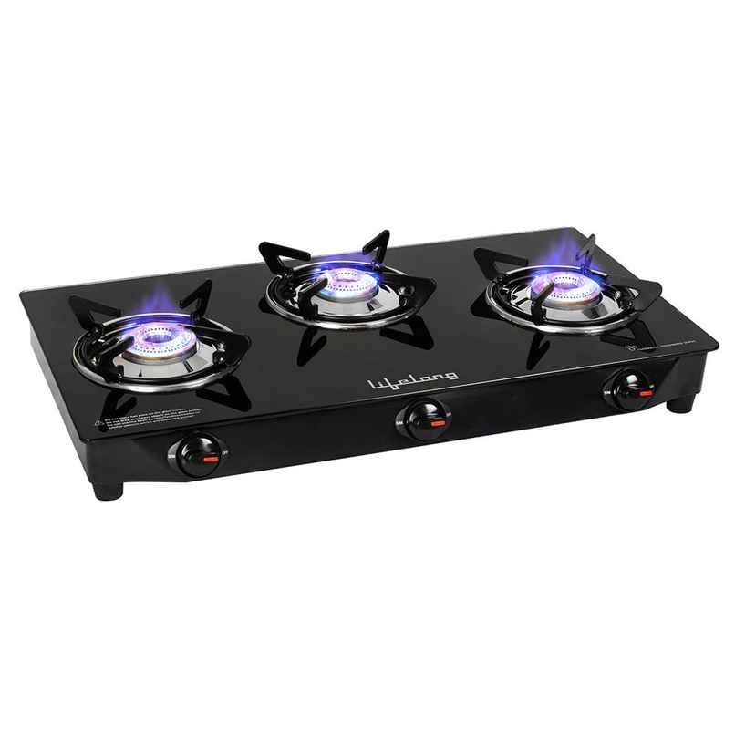 Lifelong 3 Burner Gas Stove Top For Kitchen | Manual Ignition| ISI Certified | Compatible With LPG
