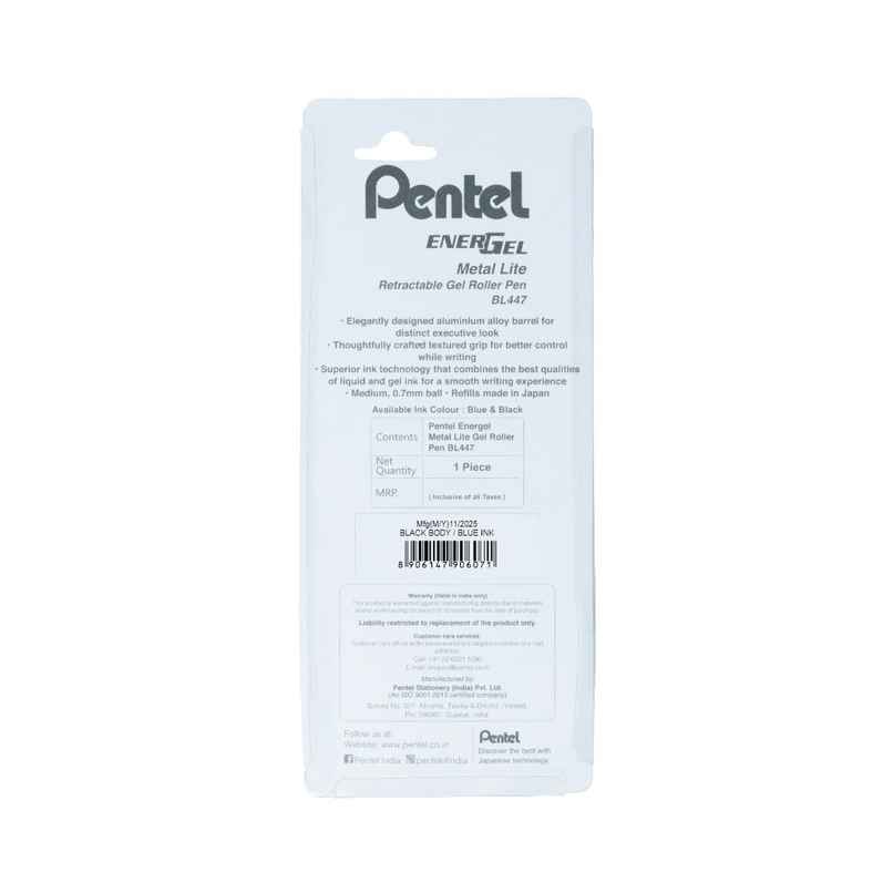 Pentel BL447 Energel Metal Lite Single Blister Black Body Blue Ink