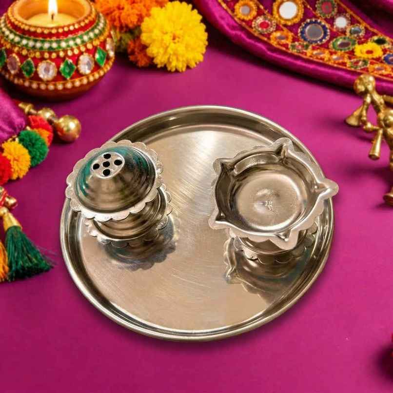 Stainless Steel Thali with Diya & Agarbatti Stand | Mangal Bhawan