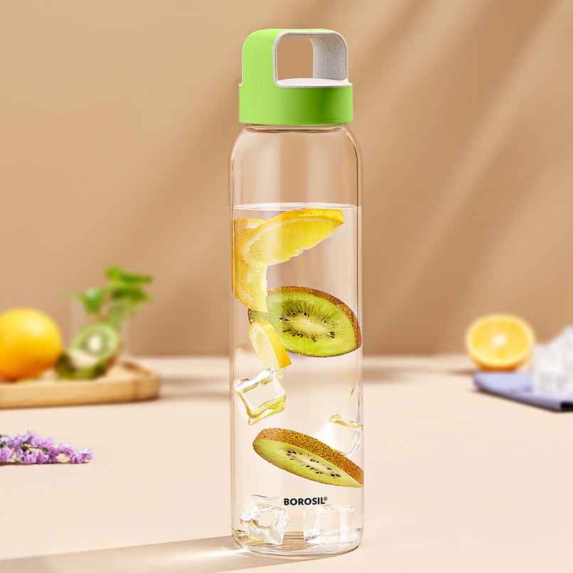Borosil 1L Neo Glass Water Bottle With Husk Green Lid, Borosilicate Glass Bottle