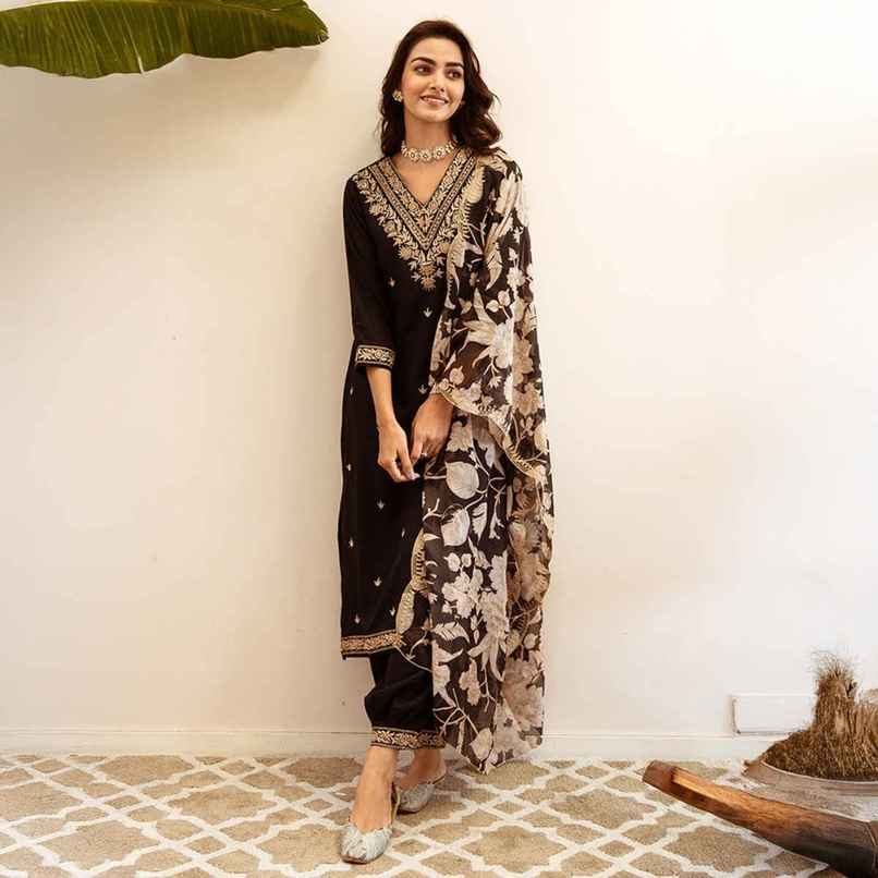 Indo Era Women's Viscose Rayon Embroidery Straight Kurta with Dupatta Set | KH5BK6147 | Black - M Indo Era Women's Viscose Rayon Embroidery Straight Kurta with Dupatta Set | KH5BK6147 | Black - M