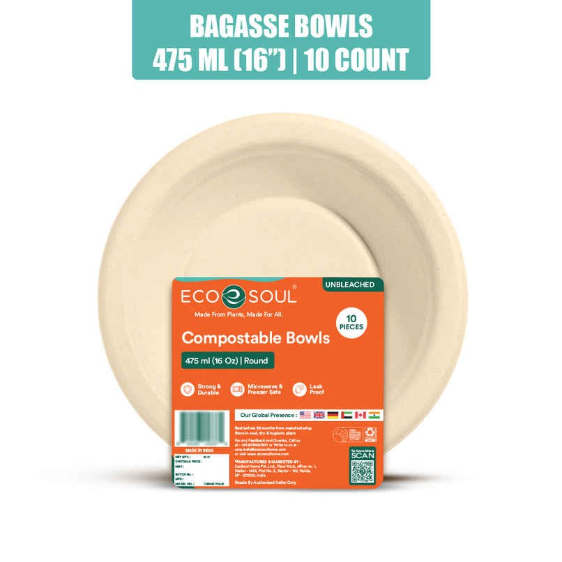 ECO SOUL | Bagasse Disposable Bowls | 475 ml | Round | 10 Count