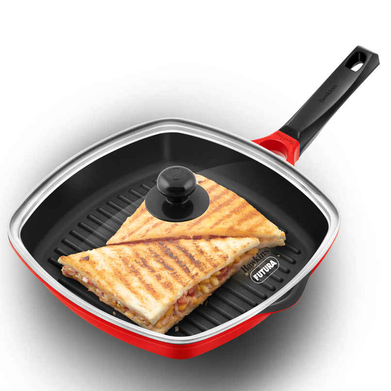 Hawkins Non Stick Grill Pan with Glass Lid | 30 cm | Red