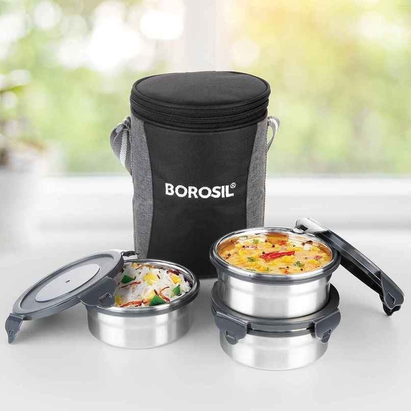 Borosil Feast Stainless Steel Lunchbox with Carry Bag Mixed Sizes Tiffin