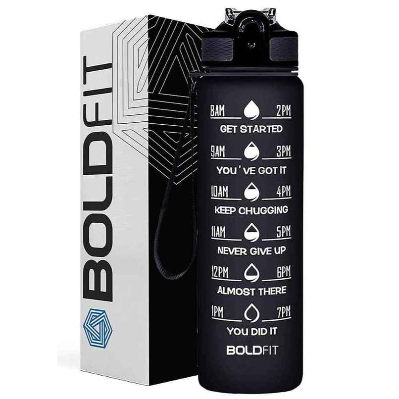 Boldfit Plastic Water Bottle with Motivational Time Markers | Black | 1 L