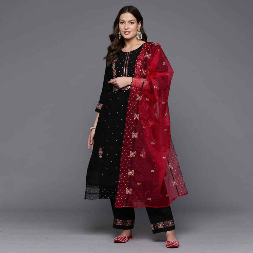 INDO ERA Women's Straight Kurta Pant with Dupatta set | Black | L INDO ERA Women's Straight Kurta Pant with Dupatta set | Black | L