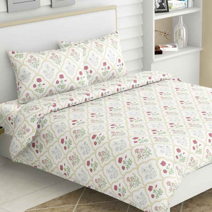 Haus & Kinder Serenity King 100% Cotton Floral Bedsheet | Rose White | 108 x 108 in Haus & Kinder Serenity King 100% Cotton Floral Bedsheet | Rose White | 108 x 108 in