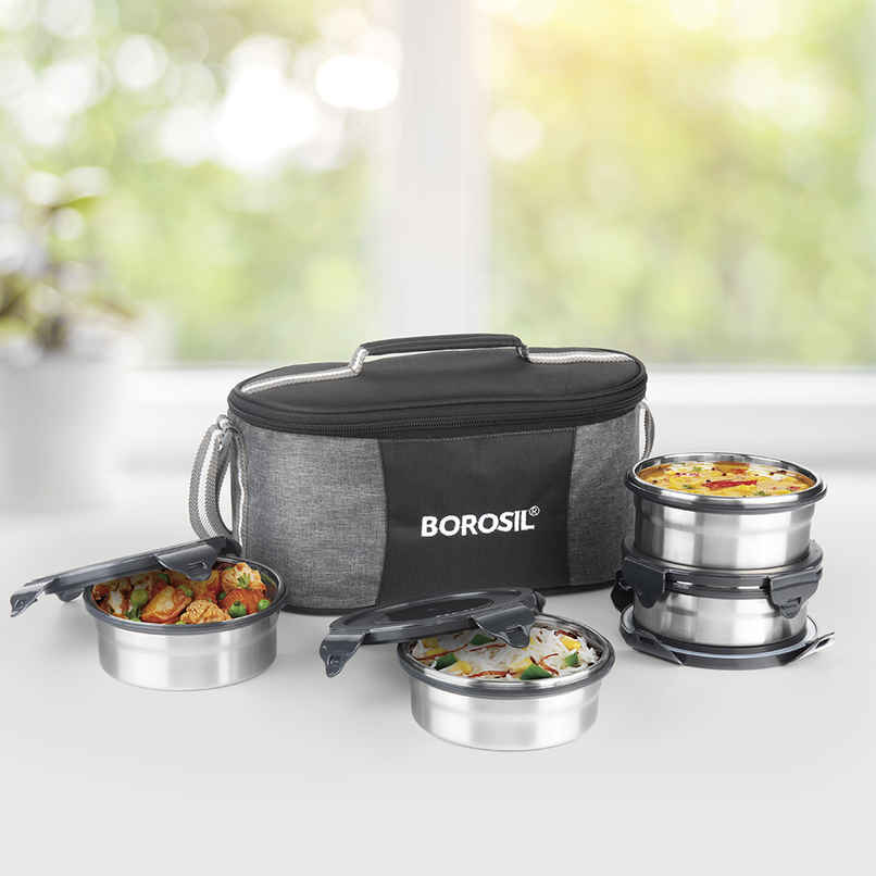 Borosil Feast Stainless Steel Lunchbox with Carry Bag Mixed Sizes Tiffin