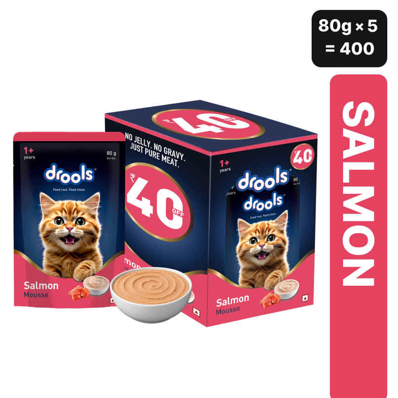 Drools Salmon Mousse Adult Cat Wet Food, 80g (4+1 Free Pack) Drools Salmon Mousse Adult Cat Wet Food, 80g (4+1 Free Pack)
