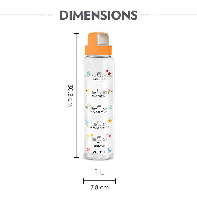 Borosil Neo Time Marker Glass Bottle | Orange Lid - 1 L
