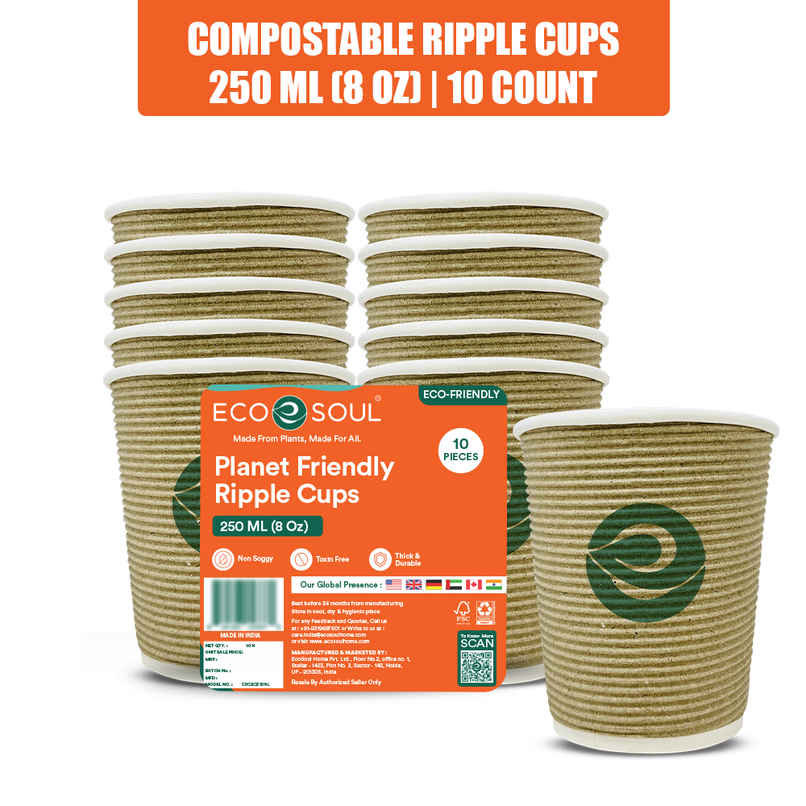 ECO SOUL | Disposable Paper Cups/Glasses | 250 ml | Ripple | 10 Count ECO SOUL | Disposable Paper Cups/Glasses | 250 ml | Ripple | 10 Count