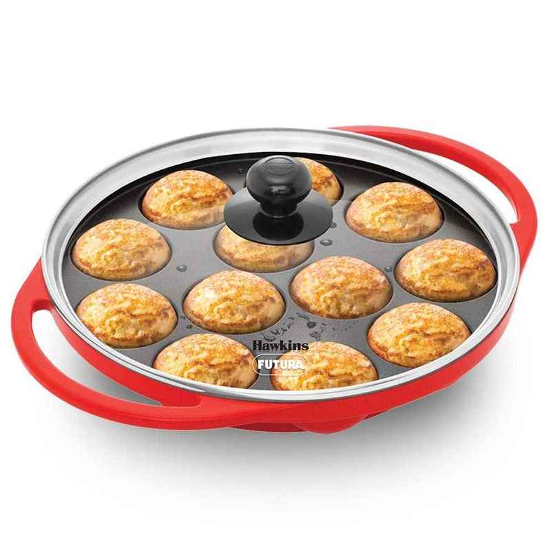 Hawkins 26 Cm Appe Pan, Non Stick Paniyaram Pan With Glass Lid, 12 Cups Red (Nape26G)
