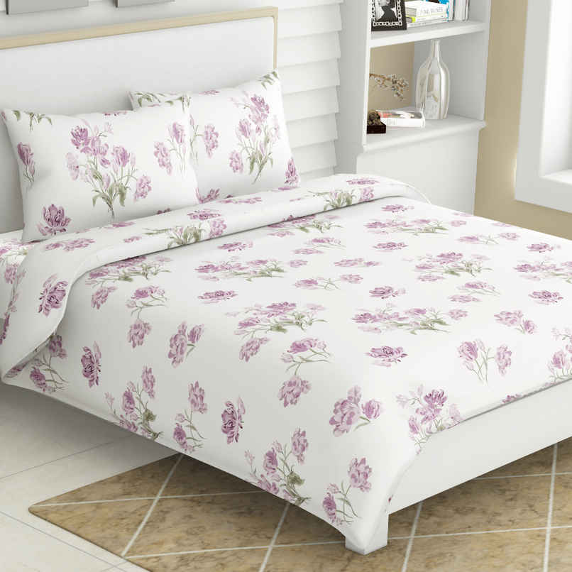 Haus & Kinder Lilac Dream Double 100% Cotton Floral Bedsheet | White and Purple | 98 x 89 in