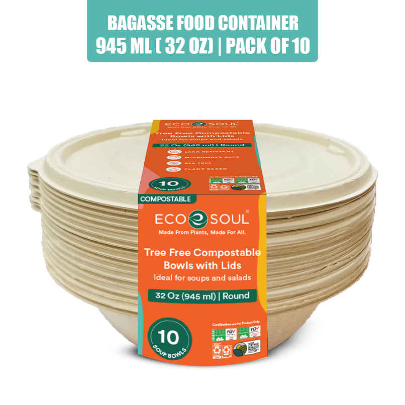 ECO SOUL | Bagasse Disposable Soup Bowls with Lid | 945 ml | Round | 10 Count ECO SOUL | Bagasse Disposable Soup Bowls with Lid | 945 ml | Round | 10 Count