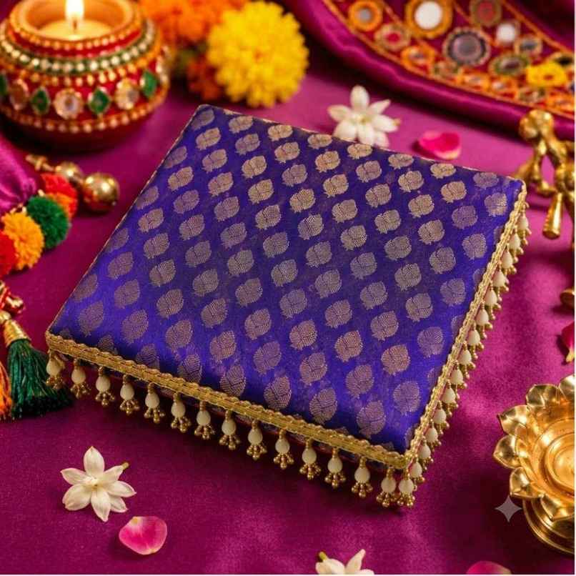 Purple Brocade and Pearl Regal Pooja Chowki Set | 7 x 7 inch | ServDharm