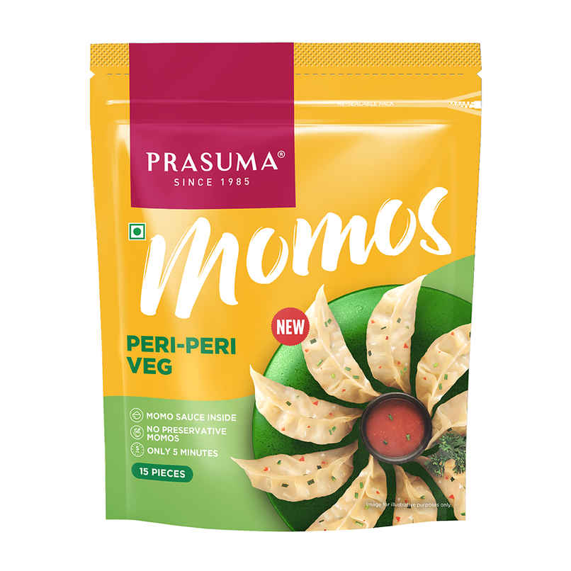 Prasuma Peri Peri Veg Momos | Tangy Veggie Filling | No Preservatives, MSG or Palm Oil
