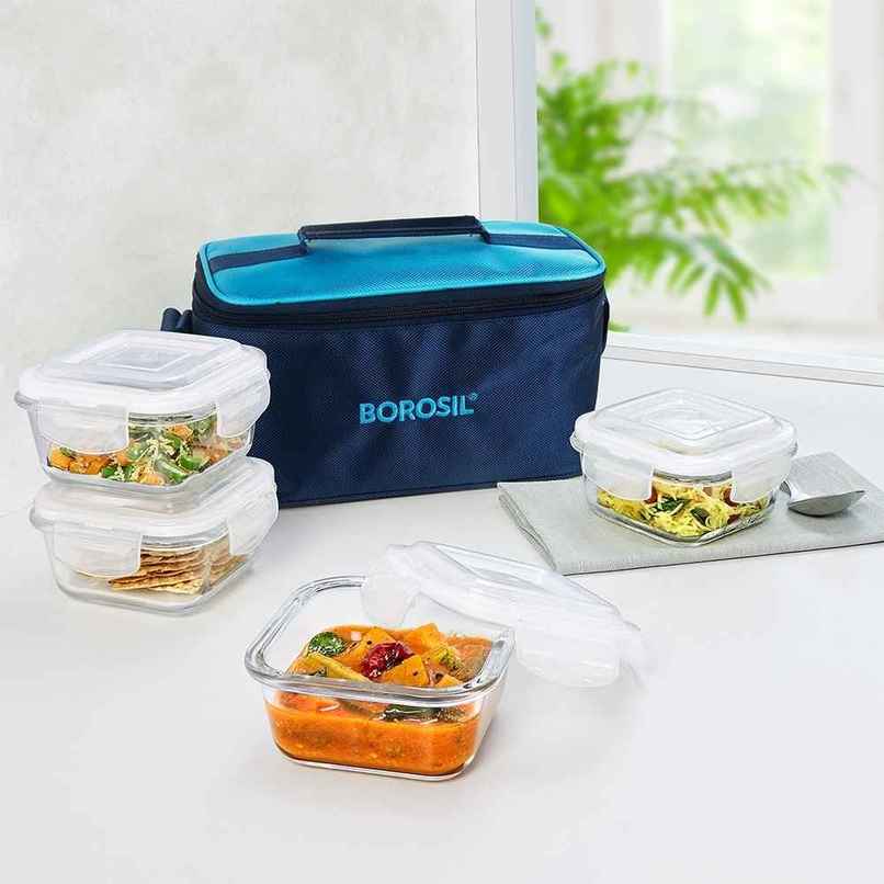 Borosil Alfa Lunchbox | 4 Pcs Glass Set | 320 ml x 4 Square Borosil Alfa Lunchbox | 4 Pcs Glass Set | 320 ml x 4 Square