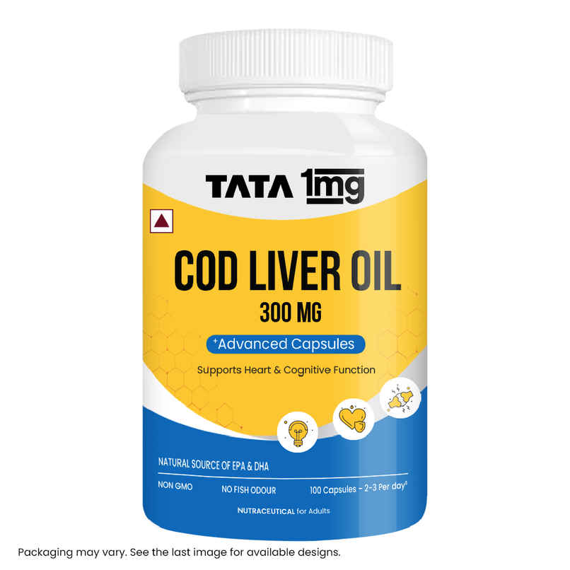 Tata 1mg Cod Liver Oil Capsule | Omega-3 & Vitamin A for Bone & Heart Health Tata 1mg Cod Liver Oil Capsule | Omega-3 & Vitamin A for Bone & Heart Health