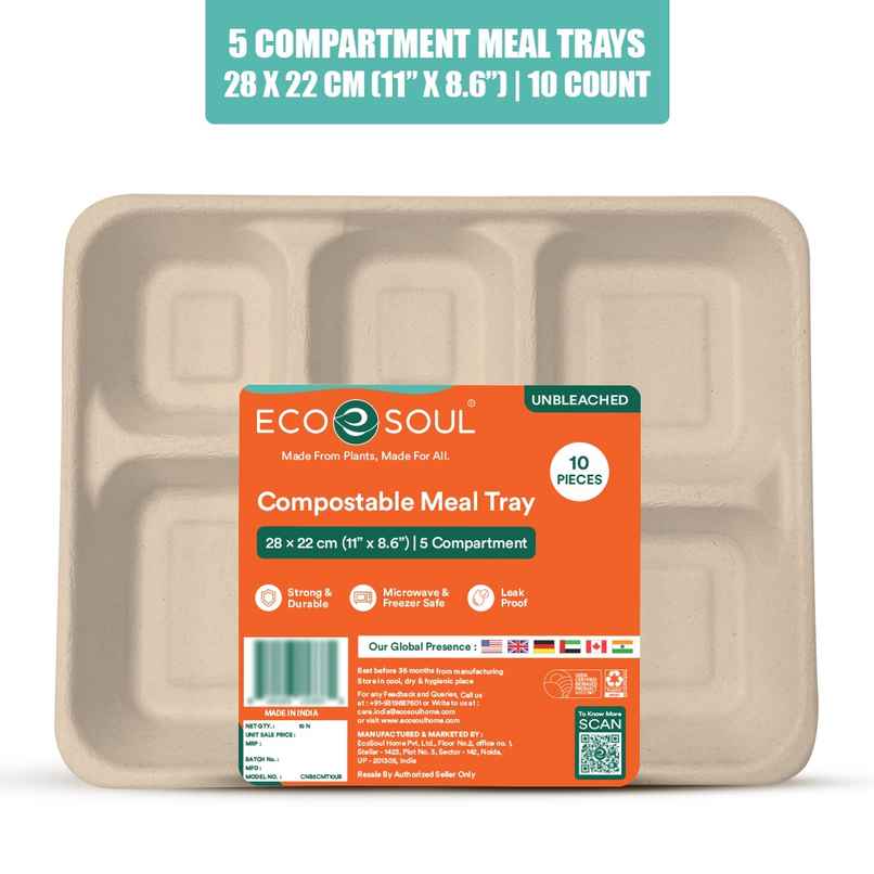 Disposable Meal Tray Plate | 5 Compartment | 10 Count | Eco Soul