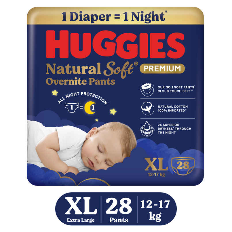 Huggies Natural Soft Overnite Premium Baby Diapers | XL | Keeps baby dry all night with cloud softness