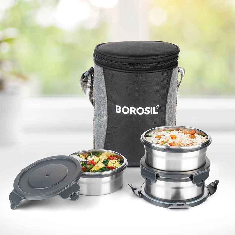 Borosil Feast Stainless Steel Lunchbox with Carry Bag | Tiffin for Office School College Borosil Feast Stainless Steel Lunchbox with Carry Bag | Tiffin for Office School College