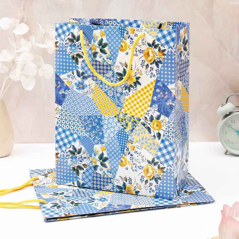 Archies Blue Patchwork Floral Print Paper Bag | Large Archies Blue Patchwork Floral Print Paper Bag | Large
