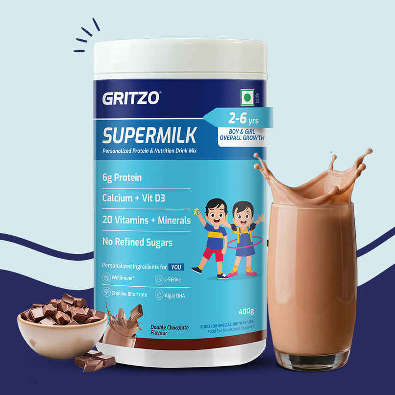 Gritzo SuperMilk Overall Growth | 2-6y Boy & Girl | 6g Protein Powder | Double Chocolate