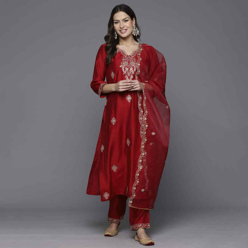 Indo Era Women's Silk Blend Embroidery Straight Kurta Set With Dupatta | KH9RD9490 | Red - XS Indo Era Women's Silk Blend Embroidery Straight Kurta Set With Dupatta | KH9RD9490 | Red - XS