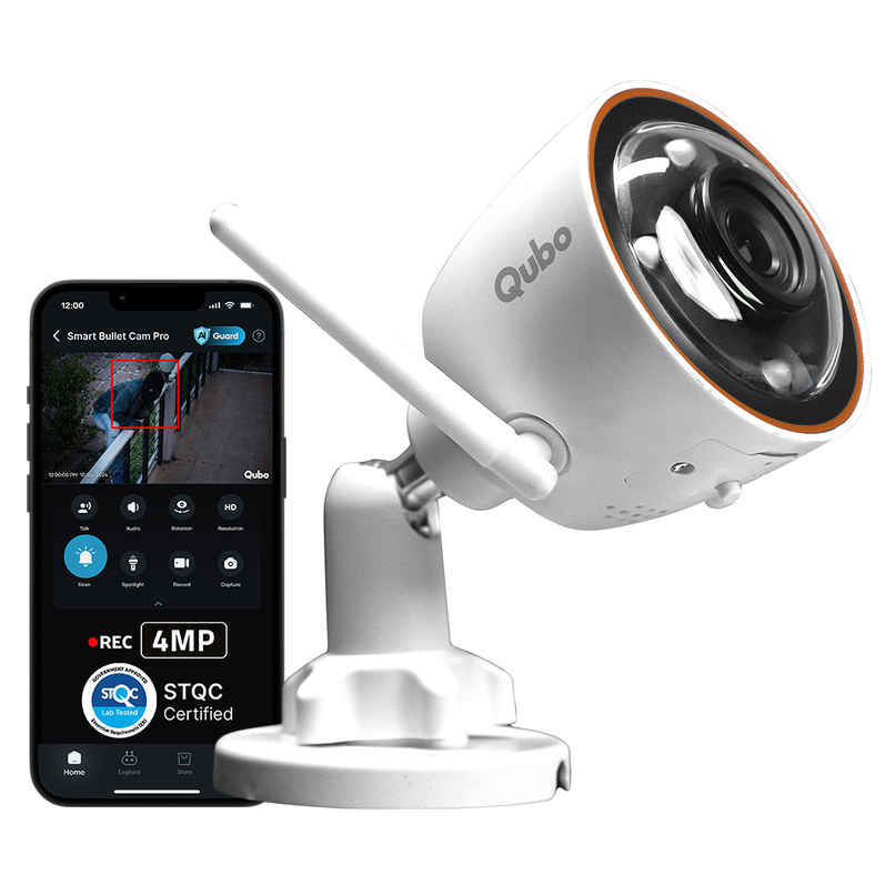 Qubo Smart Bullet Cam Pro 4MP | STQC Certified | Records Directly on Cloud | No SD Card Required