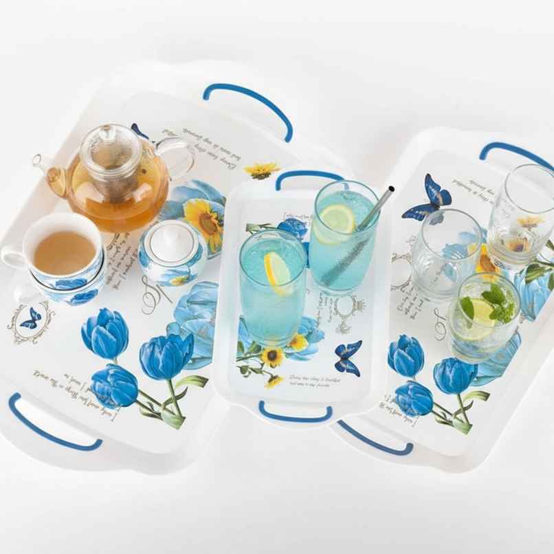 ReeQ 3-Piece Floral Printed Serving Tray Set | Multipurpose Plastic Trays with Handles