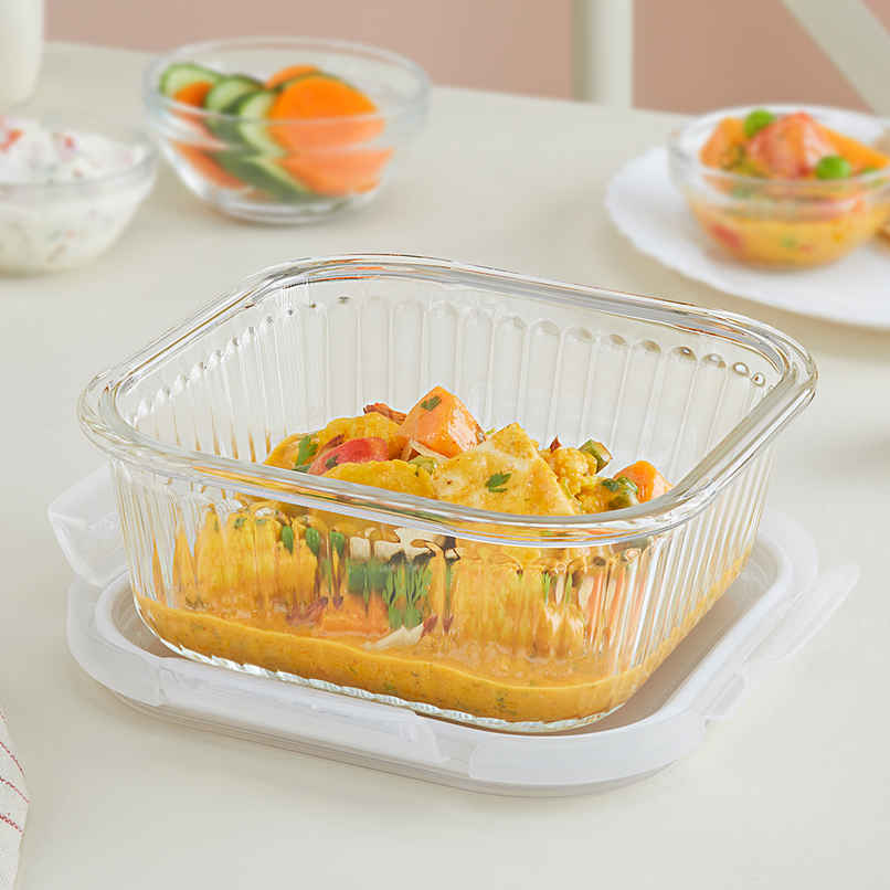 Borosil Fluted Klip N Store Square Food Storage Container Borosilicate Glass Microwave Safe